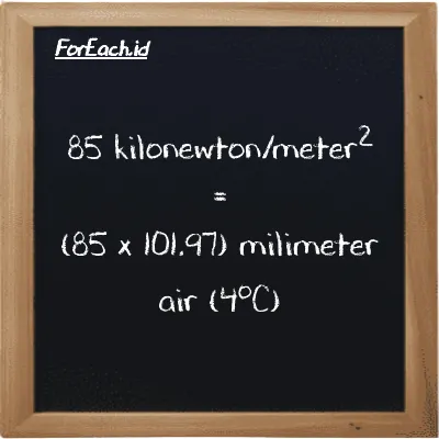 Cara konversi kilonewton/meter<sup>2</sup> ke milimeter air (4<sup>o</sup>C) (kN/m<sup>2</sup> ke mmH2O): 85 kilonewton/meter<sup>2</sup> (kN/m<sup>2</sup>) setara dengan 85 dikalikan dengan 101.97 milimeter air (4<sup>o</sup>C) (mmH2O)